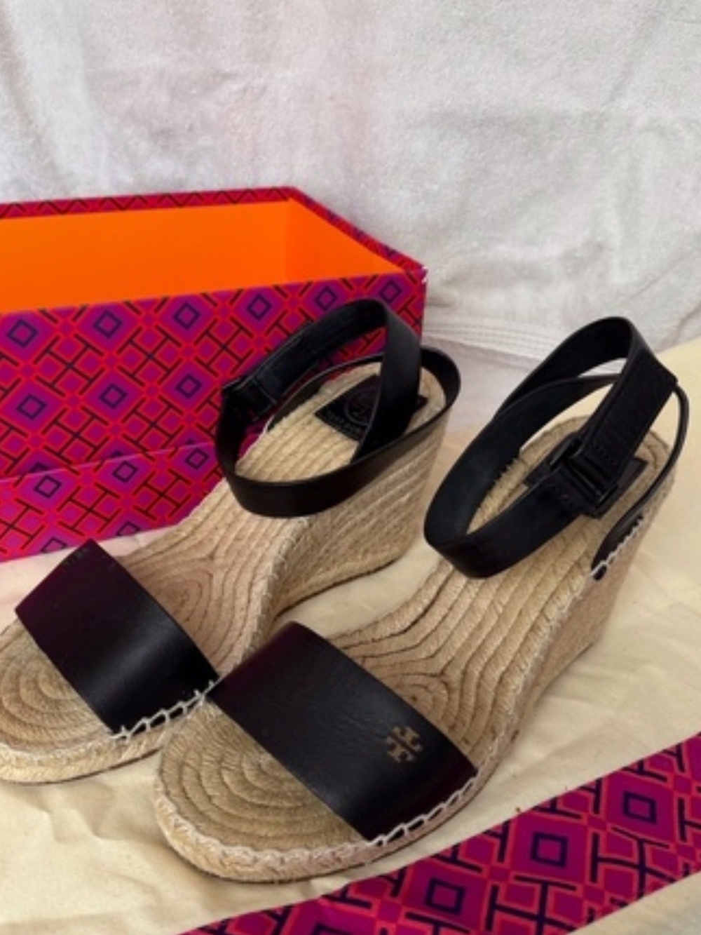 Tory Burch Black Leather Espadrille Wedge Sandals